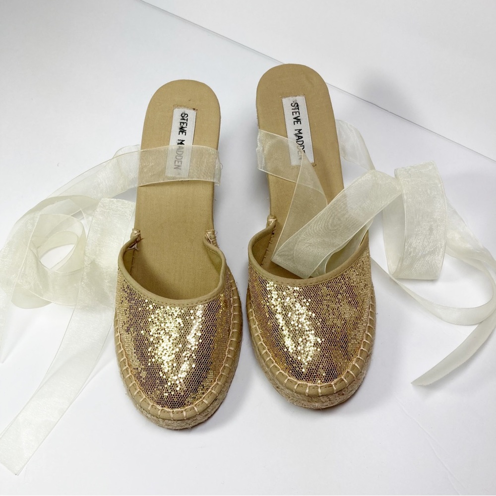 Steve Madden Boca Ankle Tie Gold Glitter Toe Rope Wedge - Picture 7 of 11